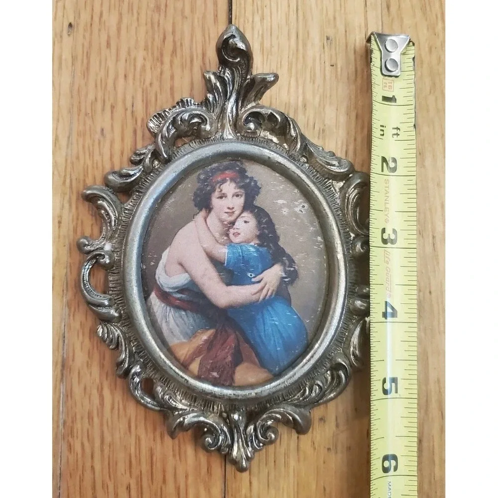 Victorian Ornate Brass Metal Frame Italian Silk Art Picture Mother & Child 6.5''
